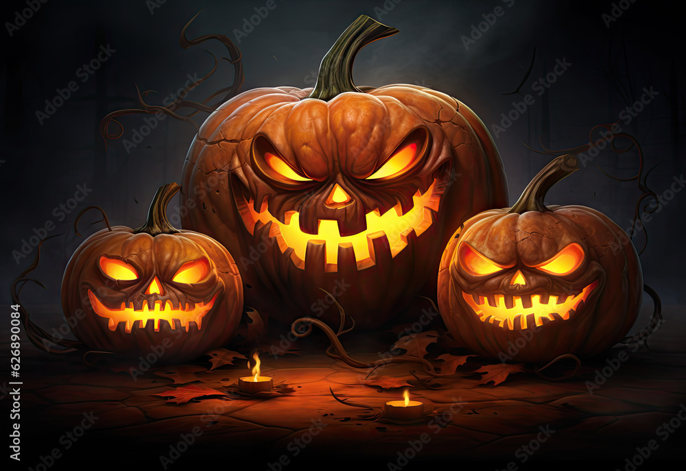 Fototapeta premium Scary Halloween Jack-O-Lanterns Faces. Spooky Halloween Pumpkins 