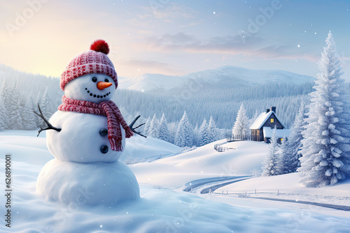 happy snowman with a snowy town in the background © chandlervid85