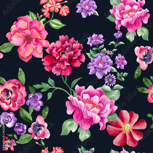 Watercolor flowers pattern  pink tropical elements  green leaves  dark blue background  seamless