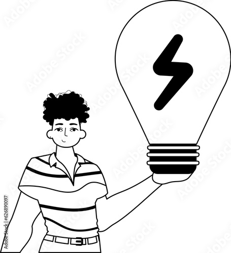 The Guy is holding a lightly bulb . estimate concept . bootleg and White linear style. Trendy style, Vector Illustration