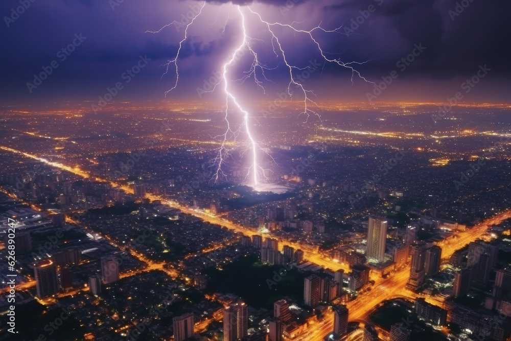 Lightning strike storm over city in purple light