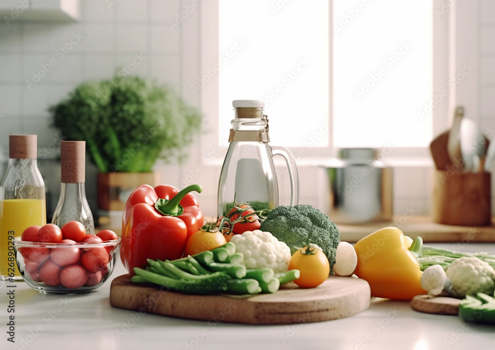 Selection of healthy organic fresh vegetables on light kitchen table with water and oil.AI Generative. Selection of healthy organic fresh vegetables on light kitchen table with water and oil.AI Generative.