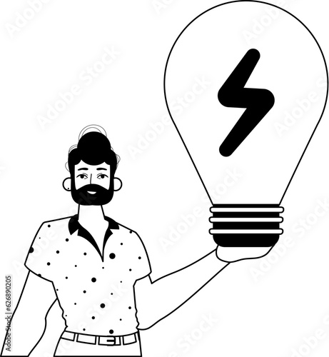 The Guy is holding a lightly fall bulb . estimate concept . bootleg and White analogue stylus. Trendy style, Vector Illustration