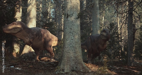 Tyrannosaurus walks through the Jurassic jungle. The Age of Dinosaurs. T-rex hunting. 3D rendering