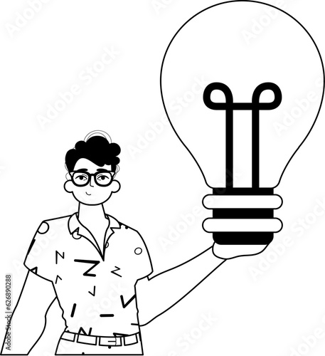 The Guy is holding a lightly fall bulb . appraisal concept . bootleg and White analogue stylus. Trendy style, Vector Illustration