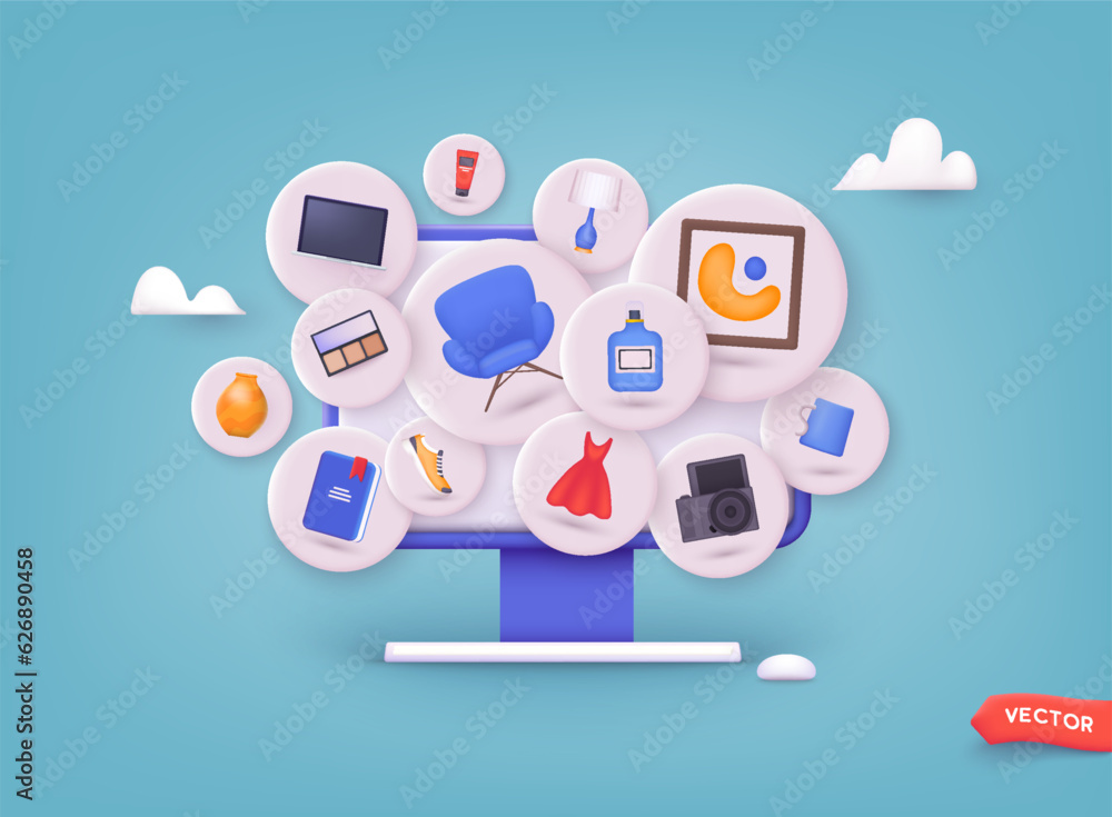 Background with shopping items. Online shopping on application and website concept, digital marketing online. 3D Web Vector Illustration. Background with shopping items. Online shopping on application and website concept, digital marketing online. 3D Web Vector Illustration.