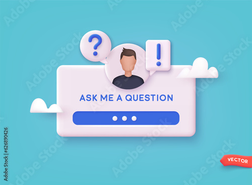 Question Sticker. Ask Me a Question. Social Media Element On Blue Background. 3D Web Vector Illustration.