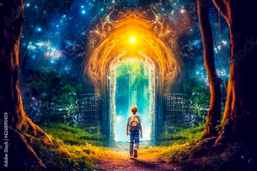 Personne traversant un passage illuminé dans la forêt vers un monde enchanté - Couverture de livre pour enfant - Générative ia