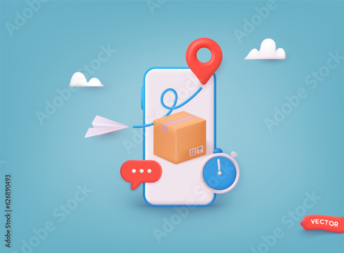 Parcel box on display on smartphone screen and has pin that is pinned on box for delivery to customers. 3D Web Vector Illustration.