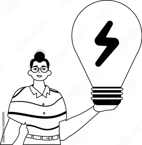 The Guy is holding a lightly drop light bulb . appraisal concept . bootleg and White analogue stylus. Trendy style, Vector Illustration