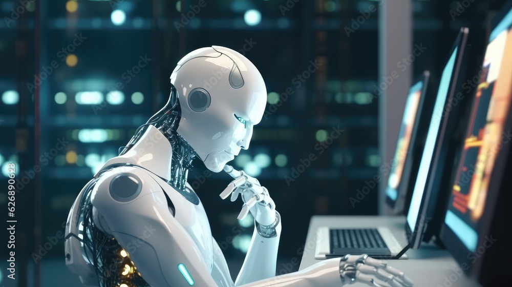 White Ai robot think and looking on monitor creen computer working, high-tech artificial intelligence robot concept, AI generative White Ai robot think and looking on monitor creen computer working, high-tech artificial intelligence robot concept, AI generative