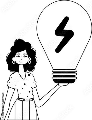 The girl is holding a light bulb . theme concept . total darkness and White linear manner. Trendy style, Vector Illustration