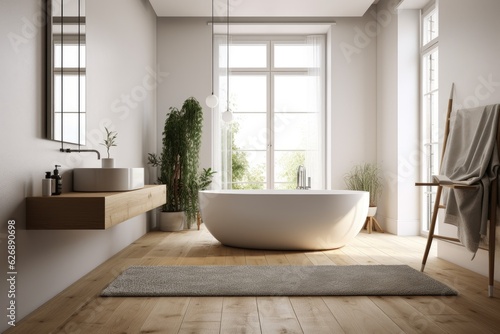 Interior shot of a spacious, white walled bathroom with a wooden floor and a white bathtub. On the floor, a rug. a wall model. Generative AI © Vusal