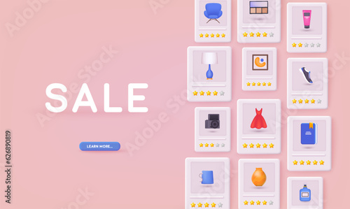 Background with shopping items. Online shopping on application and website concept, digital marketing online. 3D Web Vector Illustration.