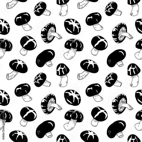 Monochrome Shiitake wallpaper. Seamless mushroom pattern. Vector food print. Autumn harvest. Healthy food for vegan , vegetarian diet. Fabric edible alternative protein. gourmet fungus ingredient