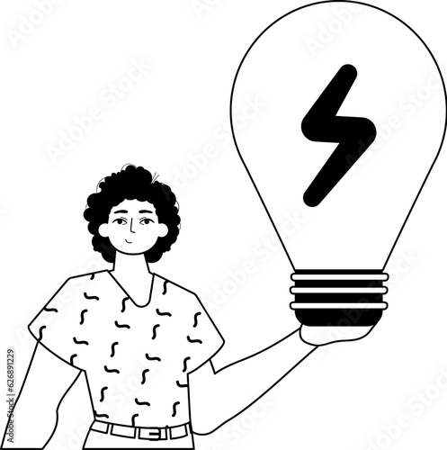 The Guy is holding a lightly bulb . estimate concept . bootleg and white linear style. Trendy style, Vector Illustration
