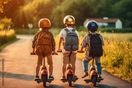 Children wearing safety helmets and backpacks go to school on electric scooters