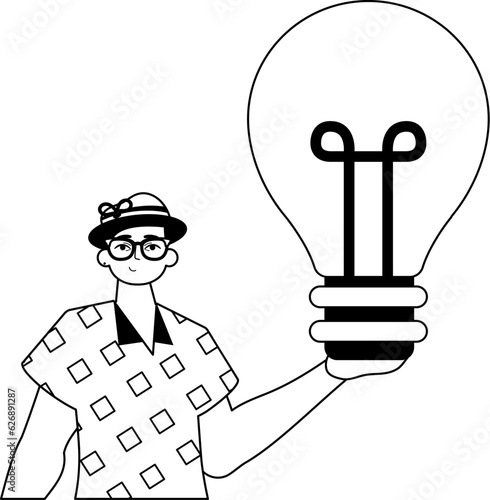The Guy is holding a lightly bulb . estimate concept . bootleg and White analogue stylus. Trendy style, Vector Illustration