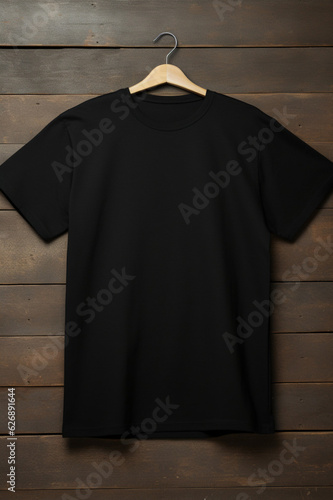 Classic black t-shirt mock up on a wooden background. AI generated