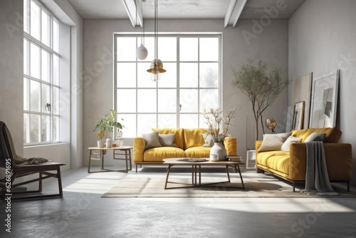 Interior of a white living room with gray and yellow sofas, white walls, and tiny windows. a mockup Toned picture. Generative AI