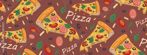 Pattern of pizza slices. Seamless pattern. Tasty food. The print is repetitive. Design for clothing with food. Pattern for bed linen. Lots of pizza slices.