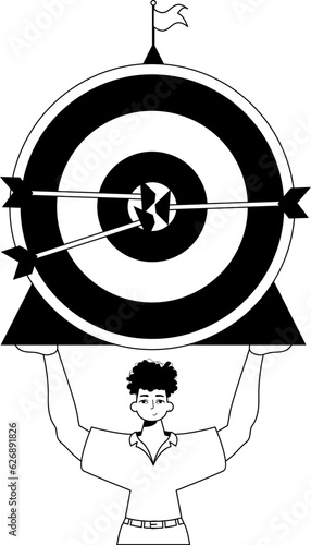 The guy is holding a target with arrow in the plaza bring field . accomplishment concept . Black and white analogue dash. Trendy style, Vector Illustration