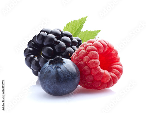 Mix berries in closeup with leaf