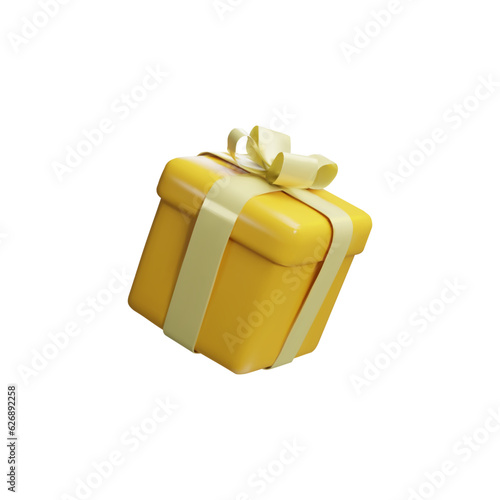 Realistic gold gift box with gold ribbon bow isolated on a white background. 3d render floating modern holiday surprise box. Clay, plastic vector icon for present, birthday or anniversary banners