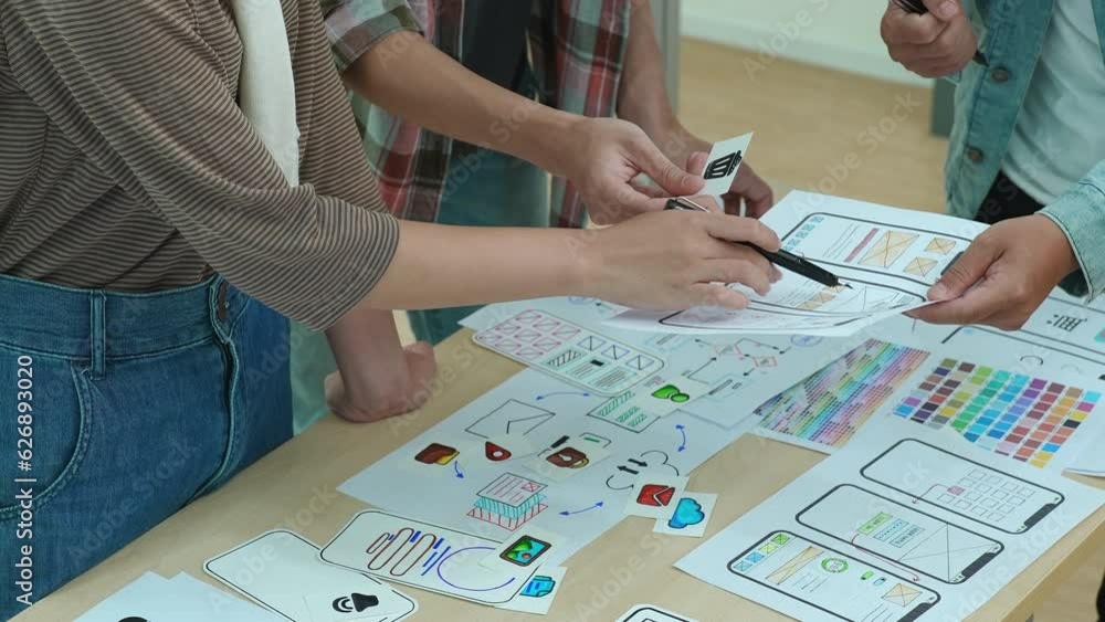 Team of Creative Web, Graphic Designer planning, drawing website ux ui app for mobile phone application and development template layout, process to developing prototype wireframe.