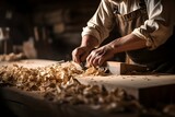 A woodworker in their workshop meticulously shapes a piece of wood into a custom piece. 
Wood shavings caught mid-flight emphasize the dynamic process.