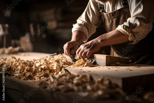 A woodworker in their workshop meticulously shapes a piece of wood into a custom piece. Wood shavings caught mid-flight emphasize the dynamic process.