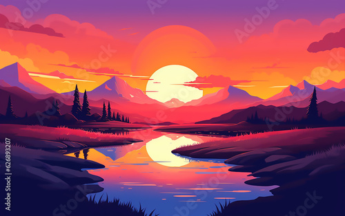 Colorful landscape background. Sunset in mountains. Generative AI technology