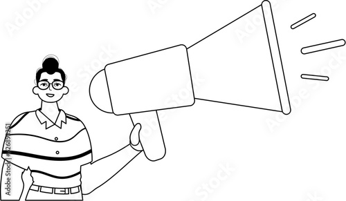 The derision is holding a bullhorn . hour concept . black and lacuna analogue smash. Trendy style, Vector Illustration