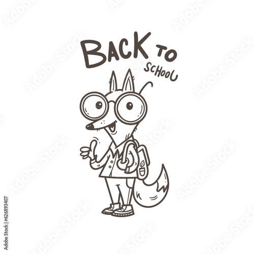 Back to school vector card. Cute cartoon fox schoolboy with backpack. Contour image no fill.