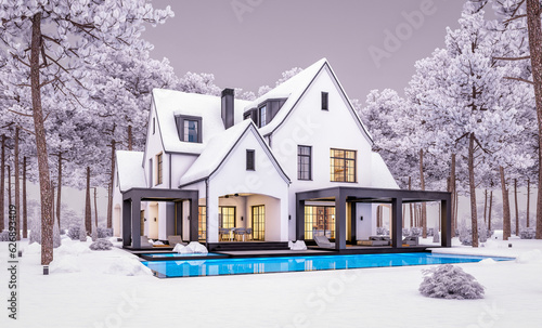 3d rendering of cute cozy white and black modern Tudor style house with parking and pool for sale or rent with beautiful landscaping. Cool winter evening with cozy light from windows