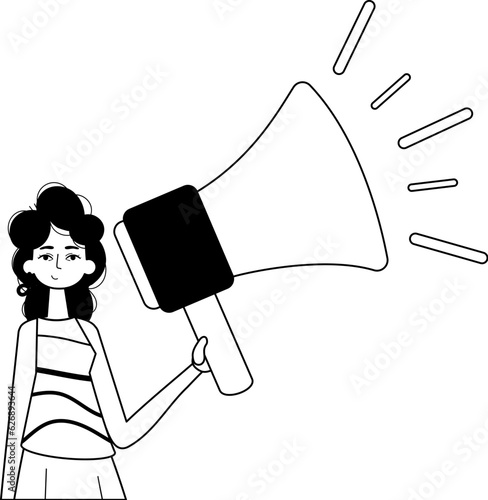 The daughter is holding a bullhorn . hour concept . black and White analogue vogue. Trendy style, Vector Illustration