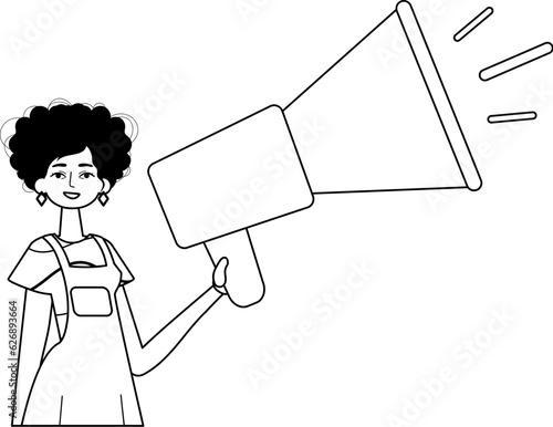 The daughter is holding a bullhorn . hour concept . black and White analogue vogue. Trendy style, Vector Illustration