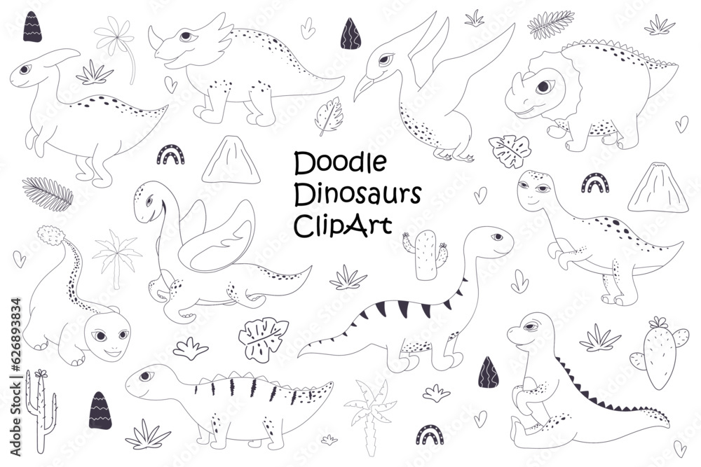 Obraz premium cute dinosaurs doodles, graphic elements, characters and decorative elements 