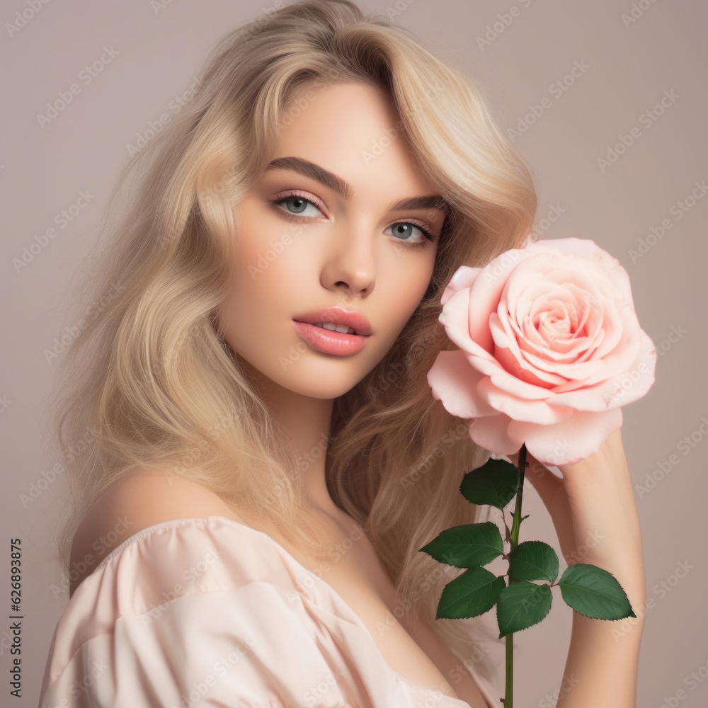Portrait of a young beautiful woman with fresh healthy skin and a rose on near her face. Fashion portrait of blonde young girl with long hair and professional makeup and red rose in hand. Portrait of a young beautiful woman with fresh healthy skin and a rose on near her face. Fashion portrait of blonde young girl with long hair and professional makeup and red rose in hand.