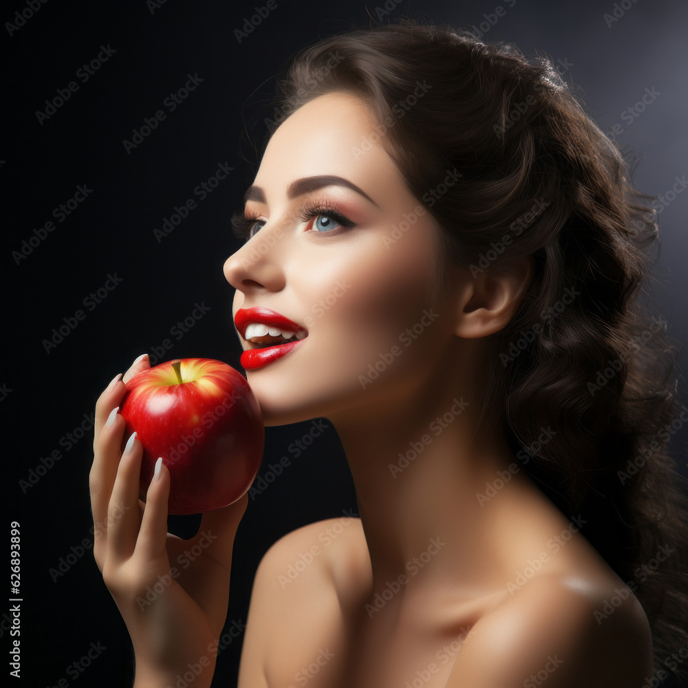 Portrait of a beautiful young smiling girl with red apple in hand on dark background. Concept of healthy fruit nutrition. Smiling young woman with red apple, studio shot. People and healthy nutrition Portrait of a beautiful young smiling girl with red apple in hand on dark background. Concept of healthy fruit nutrition. Smiling young woman with red apple, studio shot. People and healthy nutrition