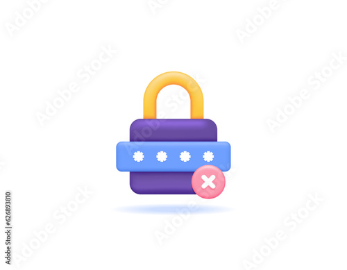 The password is incorrect and insecure. issues and failures in security and protection systems. account security and user privacy protection. codes, padlocks, and cross marks. symbols or icons. 3d