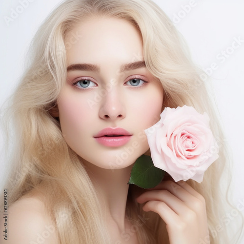 Portrait of a young beautiful woman  with fresh healthy skin and  a rose on near her face. Fashion portrait of blonde young girl with long hair and professional makeup and red rose in hand.