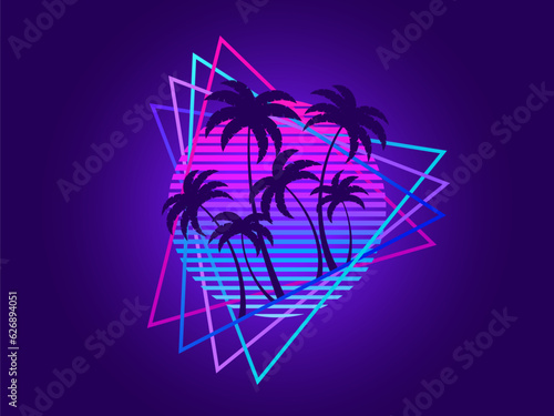 Retro waves banner with sun and palm trees in triangular frame. Futuristic retro sunset with palm trees in 80s style, gradient color. Synthwave style. Design for banner and poster. Vector illustration