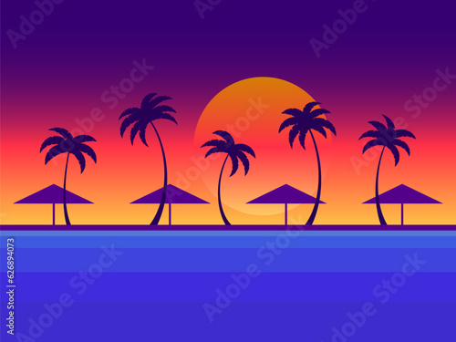 Palm trees and beach umbrellas at sunset. Tropical beach, coast at sunset, gradient sunset. Landscape with palm trees on the seashore. Design for poster, banner and postcard. Vector illustration