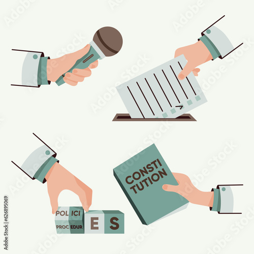 Set illustration on the topic of elections. The right to vote. Law and order. A democratic political system.People have the right to debate and make legislative decisions using the electoral process. 
