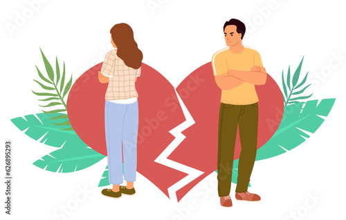 Unhappy couple having conflict standing over broken heart on background