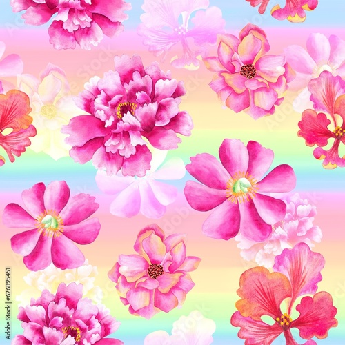 Watercolor Flowers Pattern, pink elements, rainbow background, seamless