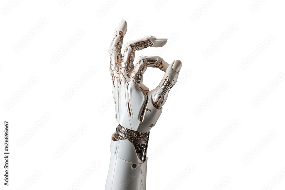robot hand showing ok gesture isolated on transparent background. Generative Ai