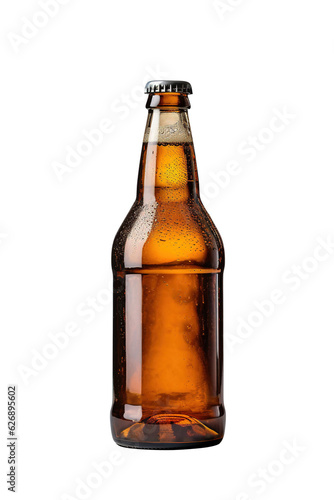 Bottle of beer with drops isolated on transparent background. Generative Ai