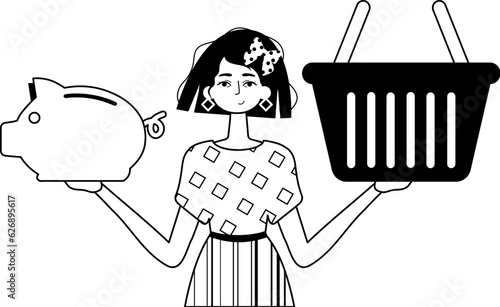 The daughter is holding a hoggish spare bank and a stigmatize handcart . bootleg and white analogue stylus. Trendy style, Vector Illustration